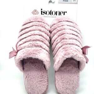 Isotoner Large Faux Fur Memory Foam Slide Slippers Womens Pink Pearl 8.5 - 9 New